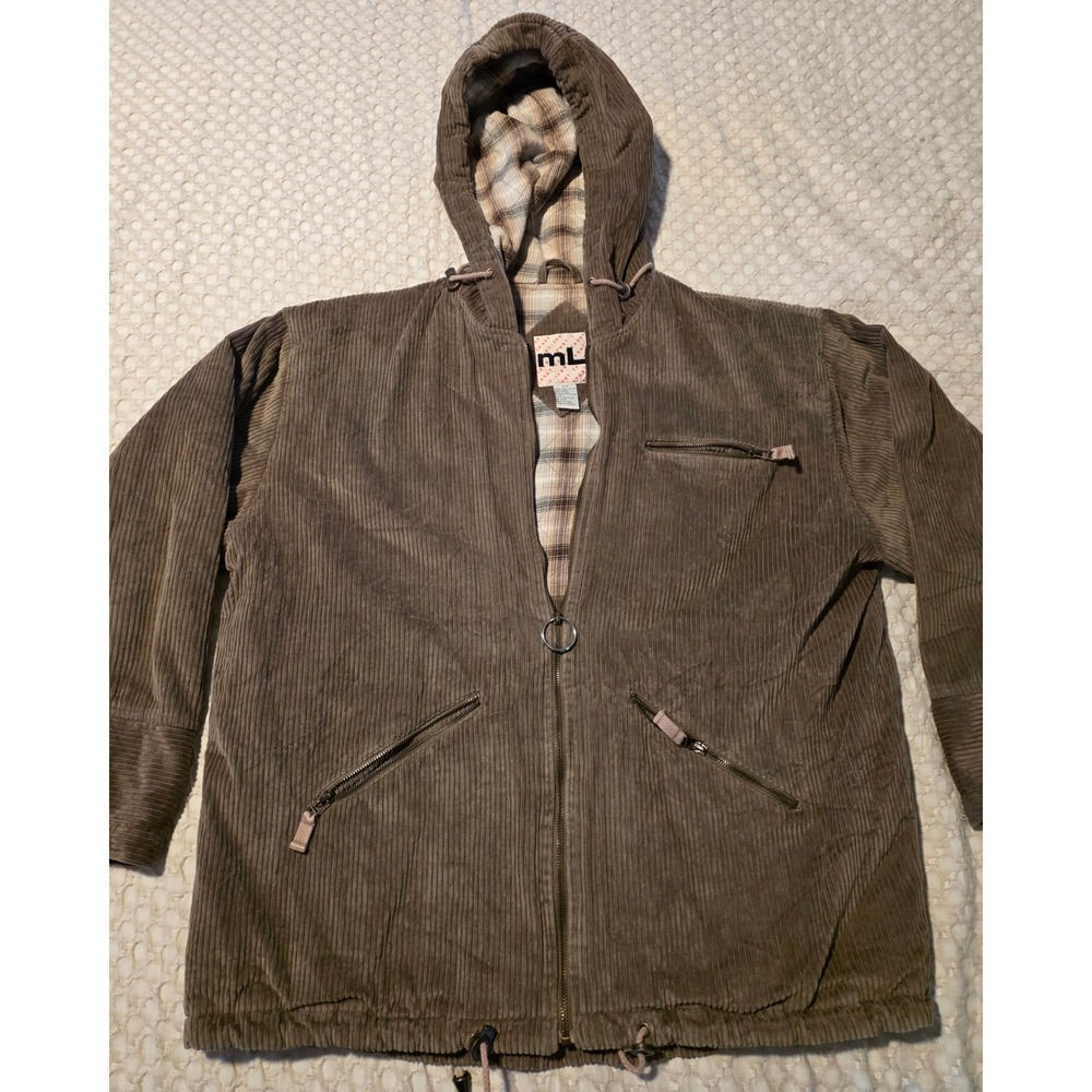 ML Sport Work Corduroy Jacket Mens‎ 14/16 Brown Plaid Lined Hooded Full Zip